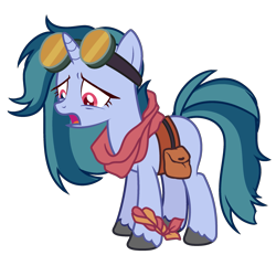 Size: 2381x2203 | Tagged: safe, artist:tersisa, oc, oc only, hybrid, pony, unicorn, female, goggles, high res, mare, offspring, parent:hoo'far, parent:marble pie, saddle bag, simple background, solo, transparent background