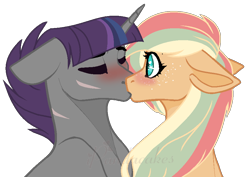 Size: 900x638 | Tagged: safe, artist:ipandacakes, oc, oc:apple spritz, oc:crescendo, earth pony, pony, unicorn, blushing, female, kissing, magical lesbian spawn, male, mare, oc x oc, offspring, parent:applejack, parent:rainbow dash, parent:shadow lock, parent:twilight sparkle, parents:appledash, parents:twilock, shipping, simple background, stallion, straight, transparent background