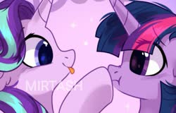 Size: 993x637 | Tagged: safe, artist:mirtash, starlight glimmer, twilight sparkle, pony, unicorn, g4, :p, :t, boop, duo, female, floppy ears, looking at each other, mare, obtrusive watermark, raised hoof, scrunchy face, smiling, tongue out, twilight sparkle is not amused, unamused, watermark