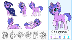 Size: 2465x1375 | Tagged: safe, artist:shydale, oc, oc only, oc:startrail, pony, unicorn, angry, bedroom eyes, butt, cape, clothes, coat markings, covering, curious, dappled, ear fluff, expressions, female, freckles, hat, laughing, mare, multiple poses, on back, one eye closed, plot, prone, reference sheet, simple background, sleepy, smug, socks (coat markings), solo, spots, tail covering, white background, wink, wizard hat, yawn