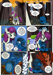 Size: 2480x3508 | Tagged: safe, artist:dsana, oc, oc:lullaby dusk, oc:rust wing, oc:thistledown, earth pony, pegasus, pony, comic:a storm's lullaby, comic, crying, female, filly, floppy ears, forest, hiding behind wing, high res, male, mare, nuzzling, stallion, this will end in tears, tree, wings