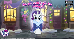 Size: 960x504 | Tagged: safe, gameloft, rarity, pony, unicorn, g4, official, the last problem, christmas, christmas lights, christmas wreath, cloak, clothes, facebook, female, front view, holiday, looking at you, mare, my little pony logo, older, older rarity, ribbon, snow, solo, wreath