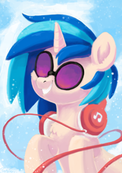 Size: 3508x4960 | Tagged: safe, artist:pucksterv, dj pon-3, vinyl scratch, pony, unicorn, chest fluff, female, grin, headphones, high res, mare, smiling, snow, solo, sunglasses, winter