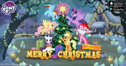 Size: 960x504 | Tagged: safe, gameloft, applejack, fluttershy, pinkie pie, rainbow dash, rarity, twilight sparkle, alicorn, earth pony, pegasus, pony, unicorn, g4, official, beard, christianity, christmas, christmas lights, christmas tree, facebook, facial hair, female, flying, hat, holiday, levitation, magic, mane six, mare, my little pony logo, night, ornament, present, religion, santa hat, silo, snow, stars, telekinesis, text, tree, twilight sparkle (alicorn), windmill, winter
