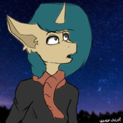 Size: 2048x2048 | Tagged: safe, artist:dolor, artist:wata, oc, oc only, oc:wata, unicorn, anthro, falling stars, high res, looking up, solo, stars, the cosmos
