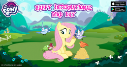 Size: 960x504 | Tagged: safe, gameloft, constance, fluttershy, bird, pegasus, pony, g4, official, cute, facebook, female, fence, flower, flying, food, mare, my little pony logo, seed, sitting, tree, wings