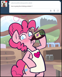 Size: 810x994 | Tagged: safe, artist:pippy, pinkie pie, earth pony, pony, pinkiepieskitchen, g4, alcohol, apron, bipedal, bottle, clothes, female, solo, wine