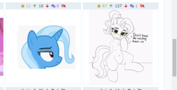 Size: 585x298 | Tagged: safe, artist:dashiesparkle edit, artist:pabbley, edit, editor:silverstreamfan999, luster dawn, trixie, pony, unicorn, derpibooru, g4, the last problem, bedroom eyes, belly button, cropped, dialogue, emoji, emotes, female, frown, head only, heart, implied anon, juxtaposition, lidded eyes, looking at you, lusty dawn, mare, meta, not happy, open mouth, partial color, profile, raised eyebrow, raised hoof, sitting, talking to viewer, trixie is not amused, unamused