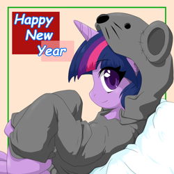 Size: 2000x2000 | Tagged: safe, artist:ragurimo, twilight sparkle, pony, rat, g4, animal costume, clothes, costume, cute, female, happy new year, high res, holiday, kigurumi, looking at you, mare, new year, pillow, profile, solo, twiabetes, year of the rat
