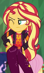 Size: 531x881 | Tagged: safe, screencap, applejack, fluttershy, sci-twi, sunset shimmer, twilight sparkle, equestria girls, equestria girls series, g4, sunset's backstage pass!, spoiler:eqg series (season 2), cropped, female, music festival outfit, solo focus