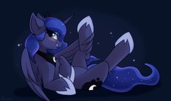 Size: 2200x1300 | Tagged: safe, artist:shadowreindeer, princess luna, alicorn, pony, g4, blushing, chest fluff, cute, female, looking at you, mare, on back, smiling, solo, suggestive description