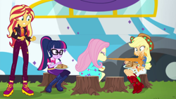 Size: 1920x1080 | Tagged: safe, screencap, applejack, fluttershy, sci-twi, sunset shimmer, twilight sparkle, equestria girls, equestria girls specials, g4, my little pony equestria girls: better together, my little pony equestria girls: sunset's backstage pass, female, music festival outfit, spit take, tree stump
