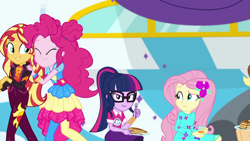 Size: 1920x1080 | Tagged: safe, screencap, applejack, fluttershy, pinkie pie, sci-twi, sunset shimmer, twilight sparkle, equestria girls, equestria girls specials, g4, my little pony equestria girls: better together, my little pony equestria girls: sunset's backstage pass, female, food, music festival outfit, pancakes