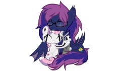 Size: 7680x4320 | Tagged: safe, artist:php178, sweetie belle, oc, oc:bitmaker, bat pony, pony, robot, robot pony, friendship is witchcraft, g4, amputee, bat pony oc, cross necklace, cuddling, cute, cute smile, cutie pie, cyber legs, cyberpunk, diasweetes, duo, eyes closed, glasses, hug, jewelry, necklace, robotic arm, roboticization, simple background, sweetie bot, transparent background