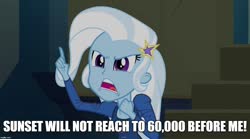 Size: 1280x714 | Tagged: safe, edit, edited screencap, screencap, trixie, equestria girls, g4, my little pony equestria girls: rainbow rocks, image macro, implied sunset shimmer, meme, milking the giant cow, text, trixie yells at everything