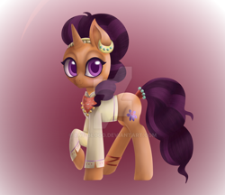 Size: 1024x886 | Tagged: safe, artist:bat-blood, saffron masala, pony, unicorn, g4, bandana, checkered background, chef, clothes, cute, cutie mark, deviantart watermark, ear piercing, female, indian, indian pony, looking at you, mare, obtrusive watermark, piercing, raised hoof, solo, watermark