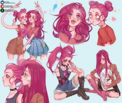 Size: 1280x1084 | Tagged: safe, artist:stasikkarasik, pinkie pie, human, g4, spoiler:steven universe: the movie, alternate hairstyle, apron, bandage, blood, blushing, clothes, cutie mark on clothes, default spinel, duo, duo female, female, gem, humanized, long arms, miniskirt, pinkamena diane pie, pleated skirt, skirt, spinel, spinel (steven universe), spoilers for another series, steven universe, steven universe: the movie, tongue out