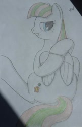 Size: 600x934 | Tagged: safe, artist:quint-t-w, blossomforth, pegasus, pony, g4, colored, colored pencil drawing, dexterous hooves, female, looking at you, old art, pencil drawing, sitting, smiling, solo, traditional art