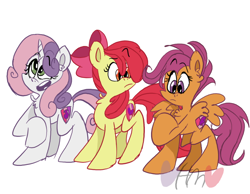 Size: 800x620 | Tagged: safe, artist:mirabuncupcakes15, apple bloom, scootaloo, sweetie belle, earth pony, pegasus, pony, unicorn, g4, chest fluff, cutie mark crusaders, female, mare, older, older apple bloom, older cmc, older scootaloo, older sweetie belle, open mouth, raised hoof, simple background, white background