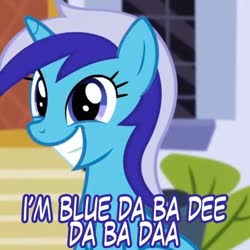 Size: 720x720 | Tagged: safe, edit, edited screencap, screencap, minuette, pony, unicorn, amending fences, g4, blue (da ba dee), caption, cropped, cute, eiffel 65, female, grin, i'm blue, looking at you, mare, minubetes, smiling, solo, song reference