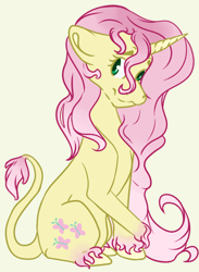 Size: 582x794 | Tagged: safe, artist:sona-artist, fluttershy, pony, unicorn, g4, crossed hooves, female, fluttershy (g5 concept leak), g5 concept leak style, g5 concept leaks, looking at you, race swap, simple background, sitting, smiling, solo, stray strand, three quarter view, unicorn fluttershy, unshorn fetlocks