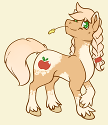 Size: 706x819 | Tagged: safe, artist:sona-artist, applejack, earth pony, pony, g4, applejack (g5 concept leak), coat markings, female, g5 concept leak style, g5 concept leaks, simple background, solo, straw in mouth