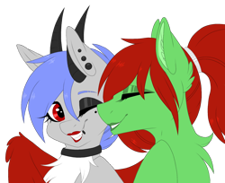 Size: 2000x1635 | Tagged: safe, artist:melodytheartpony, oc, oc:kerrigan, oc:melody silver, dracony, dragon, hybrid, pegasus, pony, bisexual, collar, cute, duo, fluffy, horns, lipstick, makeup, nuzzling, piercing, ponytail, shipping, simple background, transparent background