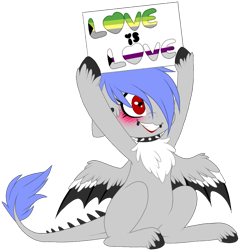Size: 911x949 | Tagged: safe, artist:melodytheartpony, oc, oc:melody silver, dracony, dragon, hybrid, pony, collar, cute, demiromantic, demisexual, female, fluffy, grin, happy, heart eyes, pride, pride flag, sign, simple background, smiling, solo, transparent background, unshorn fetlocks, wingding eyes