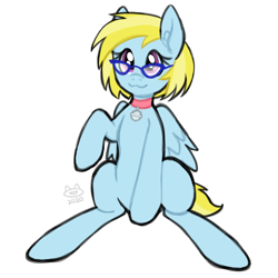 Size: 8000x8000 | Tagged: safe, artist:bananacat, oc, oc only, oc:cloud cuddler, pegasus, pony, absurd resolution, bell, cat bell, collar, cute, female, glasses, pegasus oc, simple background, sitting, solo, transparent background