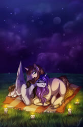 Size: 2500x3840 | Tagged: safe, artist:lupiarts, oc, oc only, pony, blanket, candle, commission, cuddling, cute, digital art, female, grass, high res, love, male, mare, night, night sky, romance, romantic, stallion, starry sky