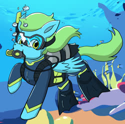 Size: 900x888 | Tagged: safe, artist:chef-cheiro, artist:pokepan11, oc, oc only, oc:sea glow, pegasus, pony, air tank, bubble, dive mask, flippers (gear), scuba diving, scuba gear, snorkel, solo, underwater, wetsuit