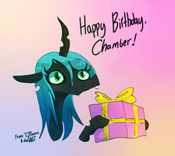 Size: 1335x1188 | Tagged: safe, artist:dsp2003, artist:tjpones, queen chrysalis, changeling, changeling queen, g4, birthday gift art, bust, collaboration, cute, cutealis, dialogue, female, gradient background, happy birthday, hnnng, hoof hold, missing accessory, portrait, present, signature