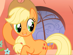 Size: 1233x938 | Tagged: safe, screencap, applejack, earth pony, pony, g4, look before you sleep, applejack's hat, cowboy hat, cropped, cute, female, golden oaks library, hat, jackabetes, mare, raised hoof, smiling, solo