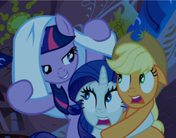 Size: 1200x938 | Tagged: safe, screencap, applejack, rarity, twilight sparkle, earth pony, pony, unicorn, g4, look before you sleep, applejack's hat, bed, cowboy hat, cropped, female, floppy ears, golden oaks library, hat, holding each other, looking at each other, mare, open mouth, playful, scared, sheet, smiling, smug, trio, unicorn twilight