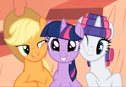Size: 1353x937 | Tagged: safe, screencap, applejack, rarity, twilight sparkle, earth pony, pony, unicorn, g4, look before you sleep, cheek squish, cropped, cute, female, golden oaks library, hair curlers, happy, jackabetes, lidded eyes, looking at you, mare, one eye closed, raribetes, smiling, squishy cheeks, trio, twiabetes, unicorn twilight