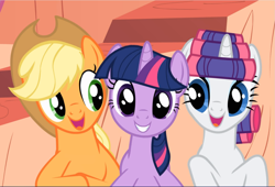 Size: 1381x940 | Tagged: safe, screencap, applejack, rarity, twilight sparkle, earth pony, pony, unicorn, g4, look before you sleep, applejack's hat, cowboy hat, cute, female, golden oaks library, hair curlers, happy, hat, jackabetes, looking at you, mare, open mouth, raribetes, smiling, twiabetes, unicorn twilight