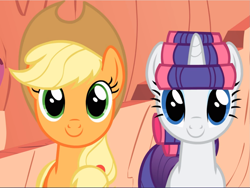 Size: 1251x940 | Tagged: safe, screencap, applejack, rarity, earth pony, pony, unicorn, g4, look before you sleep, applejack's hat, cowboy hat, cropped, cute, duo, female, golden oaks library, hair curlers, hat, jackabetes, looking at you, mare, raribetes, smiling