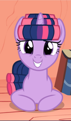 Size: 553x941 | Tagged: safe, screencap, twilight sparkle, pony, unicorn, g4, look before you sleep, book, cropped, cute, female, golden oaks library, hair curlers, looking at you, mare, smiling, solo, twiabetes, unicorn twilight