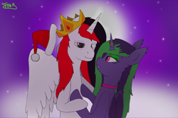 Size: 7500x5000 | Tagged: safe, oc, oc only, alicorn, bat pony, pony, unicorn, absurd resolution, christmas, clothes, cloud, collar, crown, duo, fangs, female, fog, glowing eyes, hat, holiday, hug, jewelry, love, male, mare, moon, new year, oc x oc, regalia, santa hat, shipping, sky, stallion, stars, tired, transformation, wings