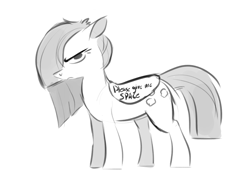 Size: 1354x933 | Tagged: safe, artist:imsokyo, marble pie, earth pony, pony, g4, 4chan, angry, clothes, communicoat, drawthread, female, mare, monochrome, solo, vest