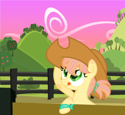 Size: 1056x976 | Tagged: safe, artist:littsandy, oc, oc only, oc:apple garden, pony, applejack's hat, base used, cowboy hat, female, filly, hat, licking, licking lips, offspring, oversized hat, parent:big macintosh, parent:fluttershy, parents:fluttermac, solo, sweet apple acres, tongue out