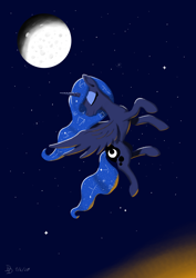 Size: 2048x2897 | Tagged: safe, artist:darkdabula, princess luna, pony, g4, dusk, flying, high res, moon