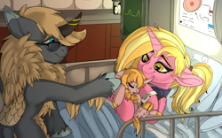 Size: 1920x1200 | Tagged: safe, artist:brainiac, derpibooru exclusive, luster dawn, oc, oc:morning sun, oc:solstice dream, hybrid, kirin, pony, unicorn, an egg being attacked by sperm, baby, bed, birth, canon x oc, cloven hooves, collar, cute, egg cell, family, female, foal, hospital, hospital bed, impregnation, interspecies offspring, kirin oc, lidded eyes, lusterbetes, male, mare, newborn, offspring, parent:luster dawn, parent:oc:solstice dream, parents:canon x oc, parents:solster, pet play, shipping, solster, spermatozoon, straight