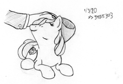 Size: 649x441 | Tagged: safe, artist:anonymous, apple bloom, oc, oc:anon, earth pony, human, pony, g4, /mlp/, 4chan, cute, drawthread, monochrome, petting, text, traditional art