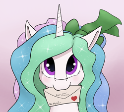 Size: 1862x1684 | Tagged: safe, artist:whiskeypanda, princess celestia, alicorn, pony, g4, 4chan, blushing, bust, cute, cutelestia, drawthread, envelope, female, heart, letter, looking at you, love letter, simple background, solo