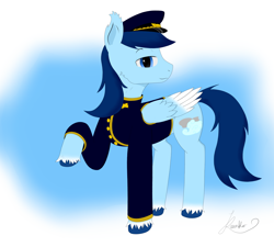 Size: 2000x1800 | Tagged: safe, artist:thekamko, derpibooru exclusive, oc, oc only, oc:swift zeppelin, pegasus, pony, captain hat, clothes, looking at you, male, palindrome get, smiling, solo, stallion, standing, suit, unshorn fetlocks