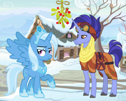 Size: 1592x1272 | Tagged: safe, edit, hoo'far, trixie, alicorn, pony, best gift ever, g4, alicornified, christmas, female, holiday, male, mistleholly, princess of humility, race swap, shipping, straight, sweet acorn orchard, trixfar, trixiecorn