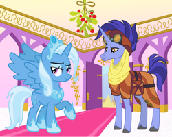 Size: 1592x1272 | Tagged: safe, edit, hoo'far, trixie, alicorn, pony, unicorn, g4, alicornified, christmas, colored hooves, crown, cutie mark, female, holiday, hoof shoes, jewelry, male, mare, mistleholly, necklace, princess of humility, race swap, regalia, saddle arabia, shipping, spread wings, stallion, straight, trixfar, trixiecorn, wings