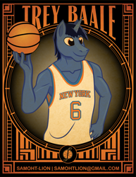 Size: 2551x3301 | Tagged: safe, artist:samoht-lion, oc, oc only, oc:trey baale, unicorn, anthro, basketball, clothes, high res, male, solo, sports