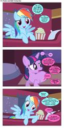 Size: 868x1734 | Tagged: safe, artist:dziadek1990, edit, edited screencap, screencap, pinkie pie, rainbow dash, twilight sparkle, pony, comic:ponies and d&d, g4, over a barrel, comic, conversation, dialogue, dungeons and dragons, emote story:ponies and d&d, food, pen and paper rpg, pillow, popcorn, rpg, screencap comic, slice of life, spoonerism, text, train